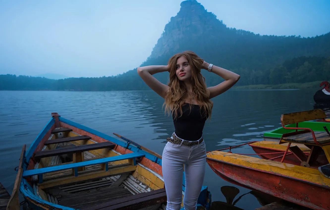 Photo wallpaper sky, nature, water, clouds, lake, model, women, jeans