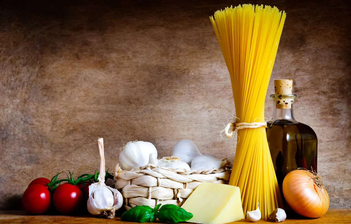 Photo wallpaper bottle, cheese, still life, tomatoes, garlic, pasta, onion