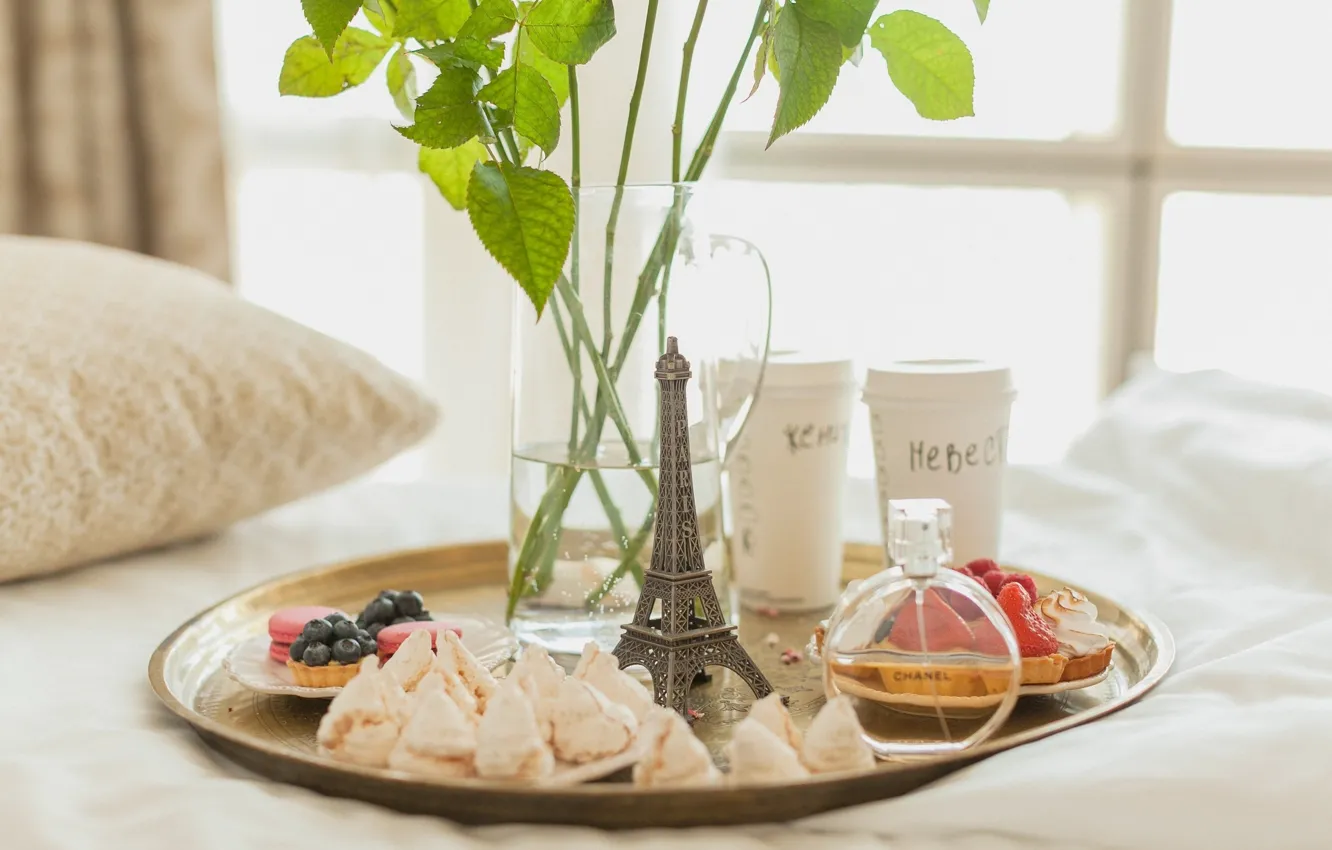 Photo wallpaper Paris, Breakfast, morning, cookies, window, pillow, cake, tray