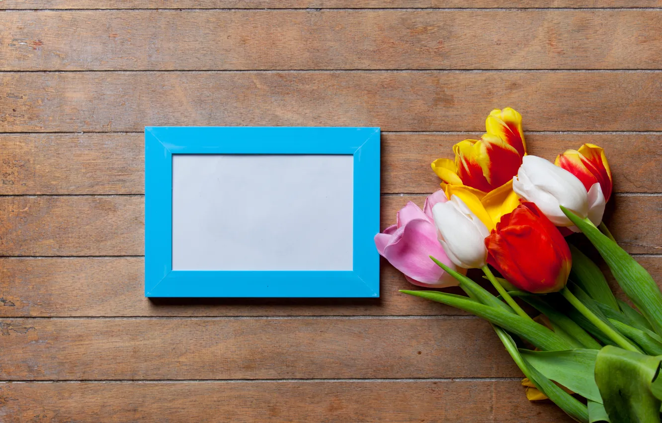 Photo wallpaper flowers, bouquet, spring, colorful, tulips, fresh, wood, flowers