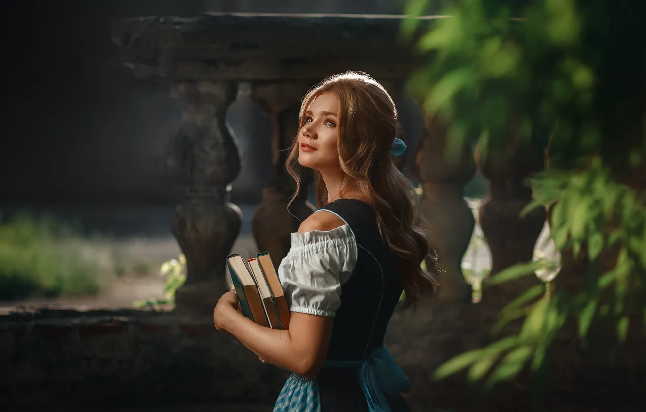 Photo wallpaper dress, model, women, blonde, plants, books, Women Outdoors