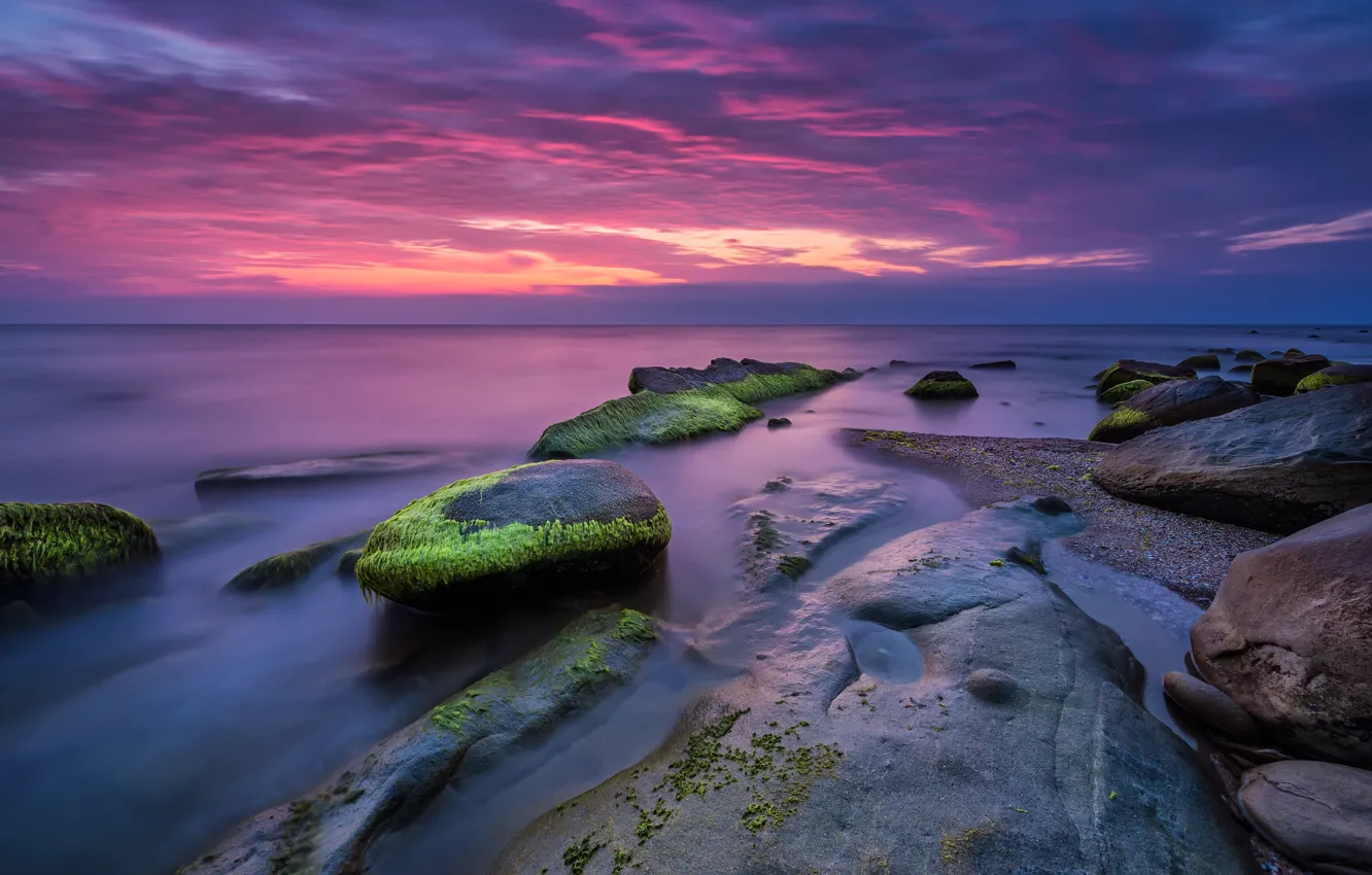 Photo wallpaper sea, beach, landscape, sunset, nature, sunrise, stones, rocks