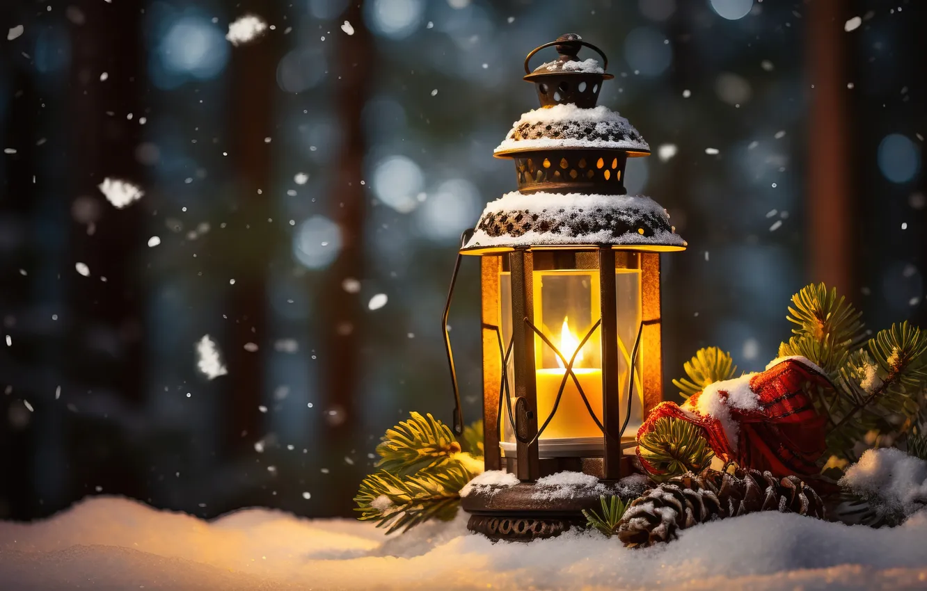 Photo wallpaper winter, snow, night, new year, Christmas, lights, Christmas, night