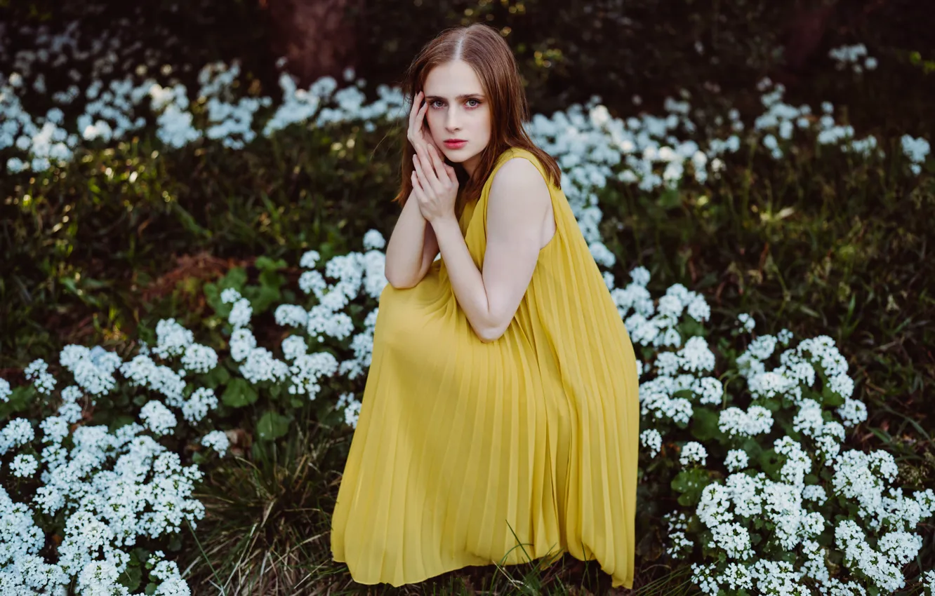 Photo wallpaper look, girl, flowers, pose, hands, yellow dress, Andreas-Joachim Lins, Milena Ru
