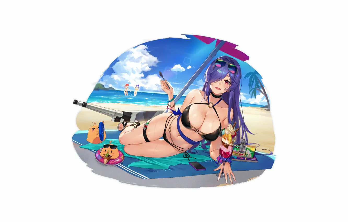 Photo wallpaper girl, sexy, cleavage, beach, long hair, sea, boobs, anime