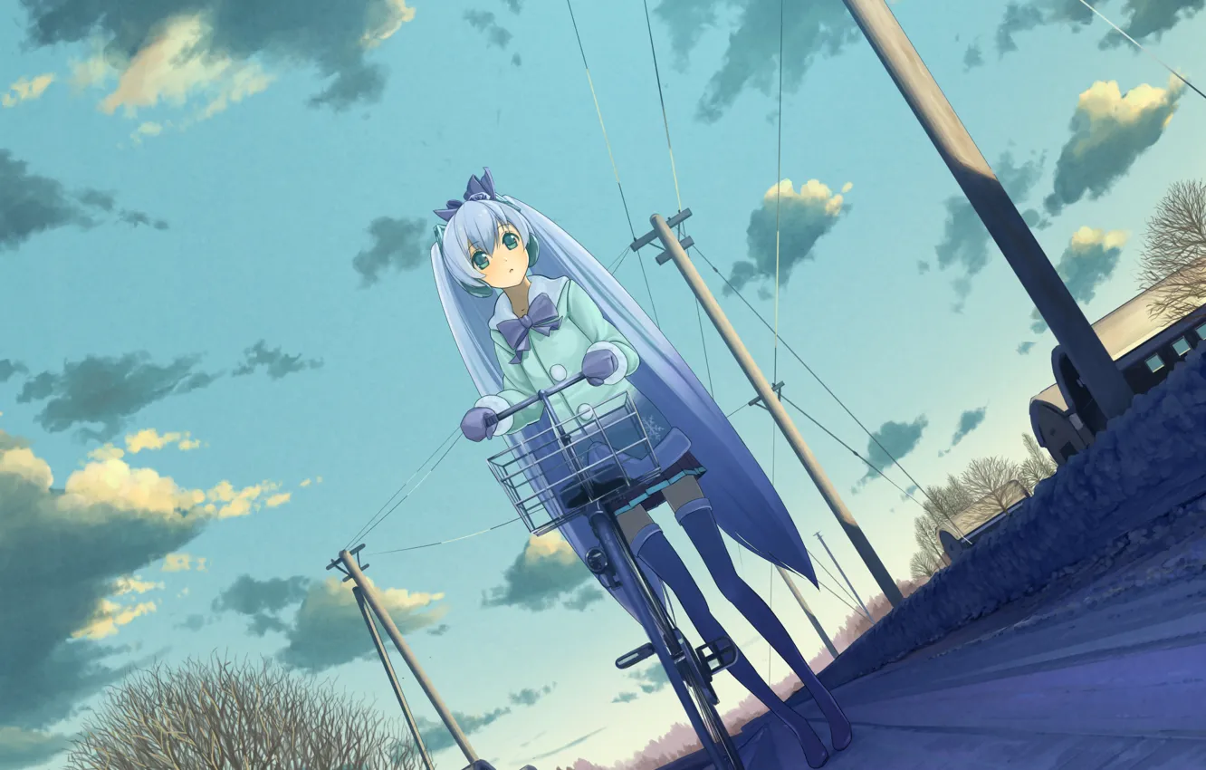 Photo wallpaper girl, trees, bike, the city, home, anime, art, vocaloid