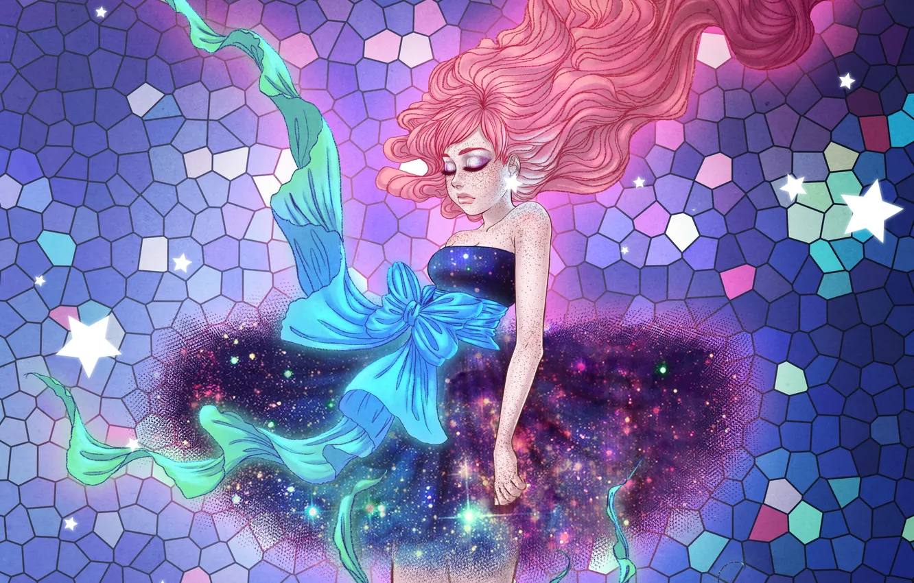 Photo wallpaper girl, stars, hair, bow