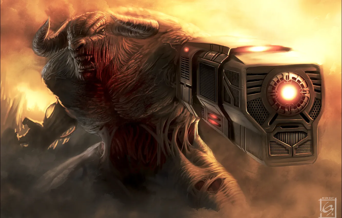 Photo wallpaper blood, monster, fangs, horns, gun, Doom, Cyber demon