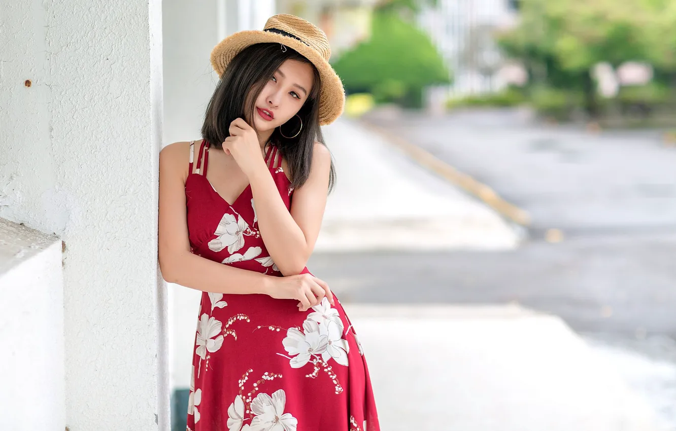 Photo wallpaper girl, hat, dress, Asian, cutie