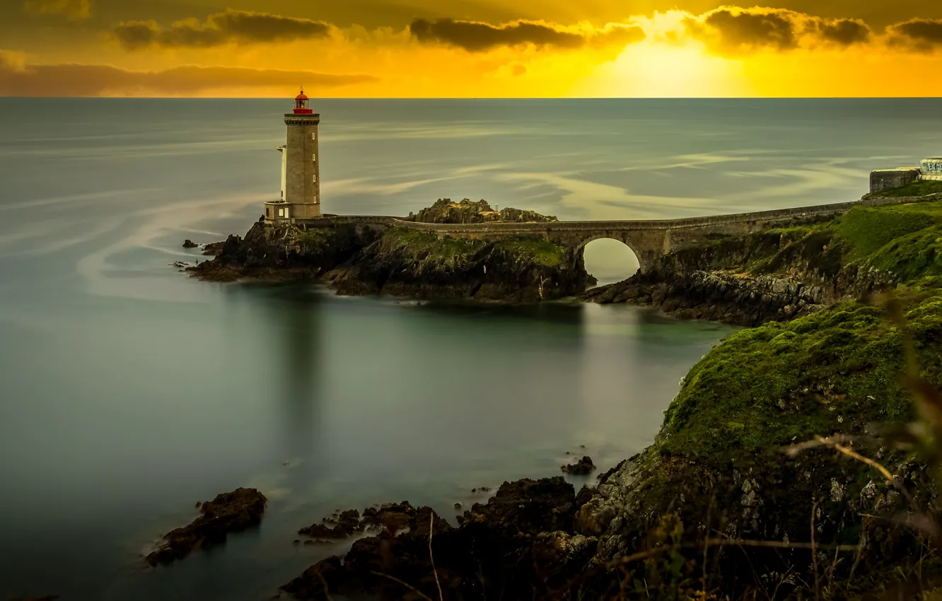 Photo wallpaper road, sea, landscape, sunset, bridge, stones, rocks, shore