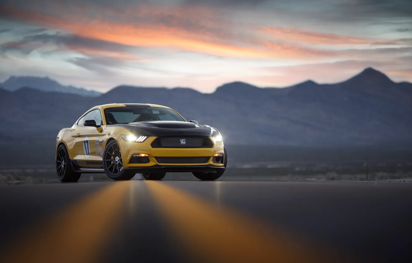 Photo wallpaper road, the sky, light, sunset, mountains, lights, Mustang, Ford