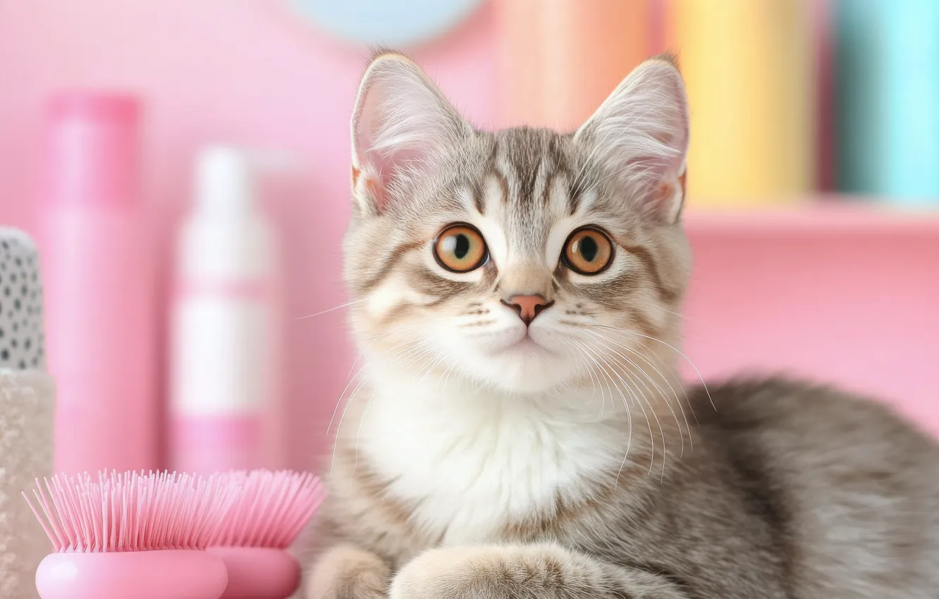 Photo wallpaper cat, look, pose, brush, lies, kitty, face, pink background