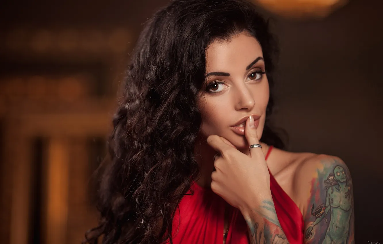 Photo wallpaper look, face, pose, model, portrait, hands, makeup, dress