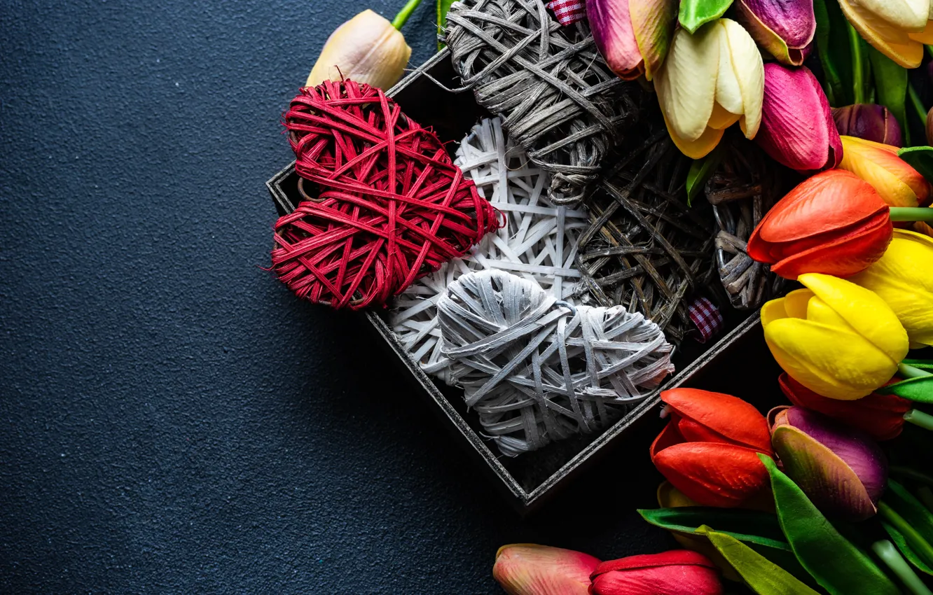 Photo wallpaper box, bouquet, hearts, tulips, Valentine's day