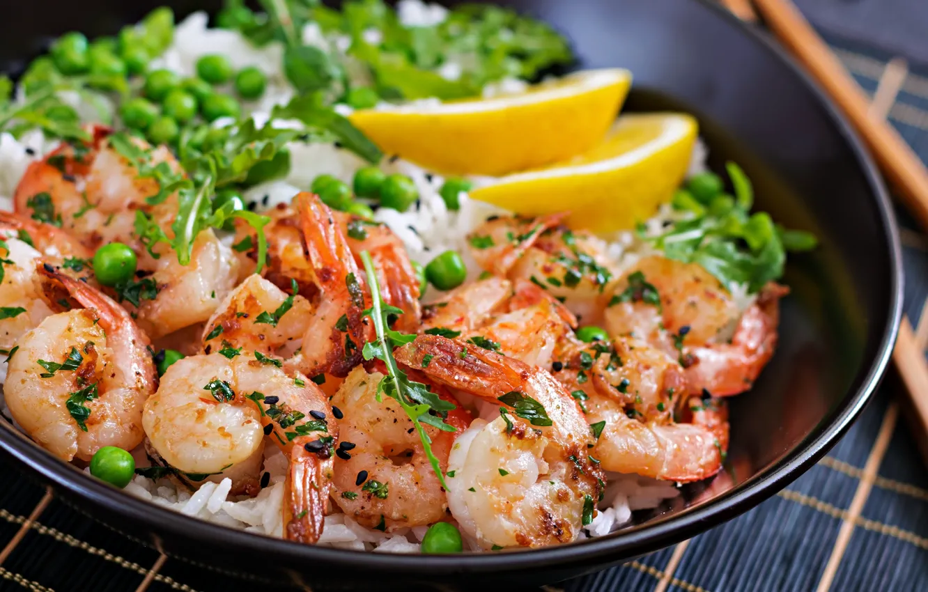 Photo wallpaper lemon, figure, shrimp, green peas