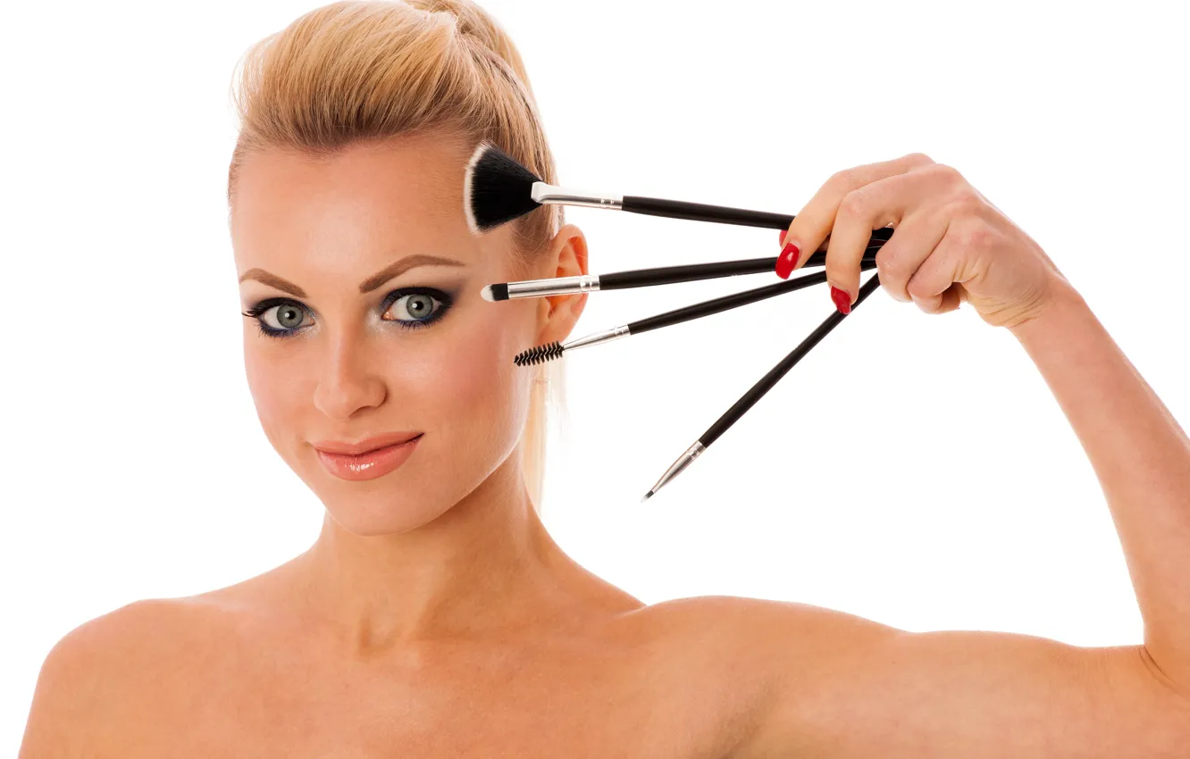 Photo wallpaper look, face, smile, model, hands, makeup, hairstyle, blonde