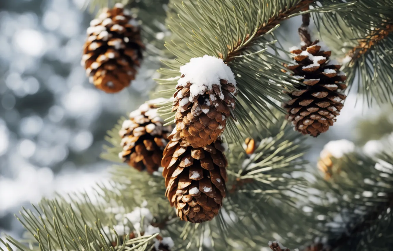 Photo wallpaper winter, snow, branches, nature, new year, Christmas, needles, bumps