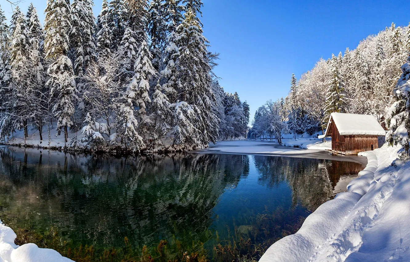 Photo wallpaper winter, the sky, snow, landscape, nature, house, reflection, river