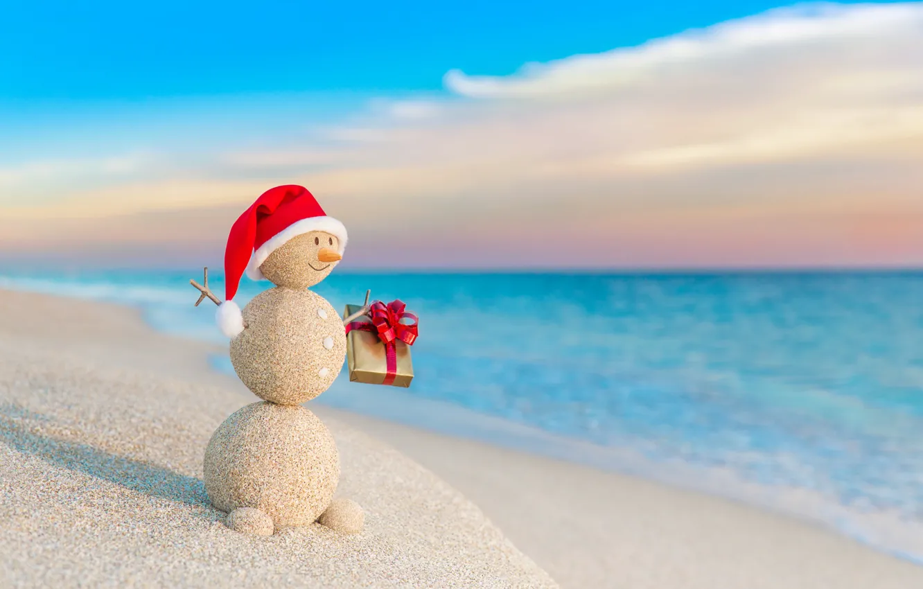 Photo wallpaper sand, sea, beach, New Year, Christmas, snowman, happy, Christmas