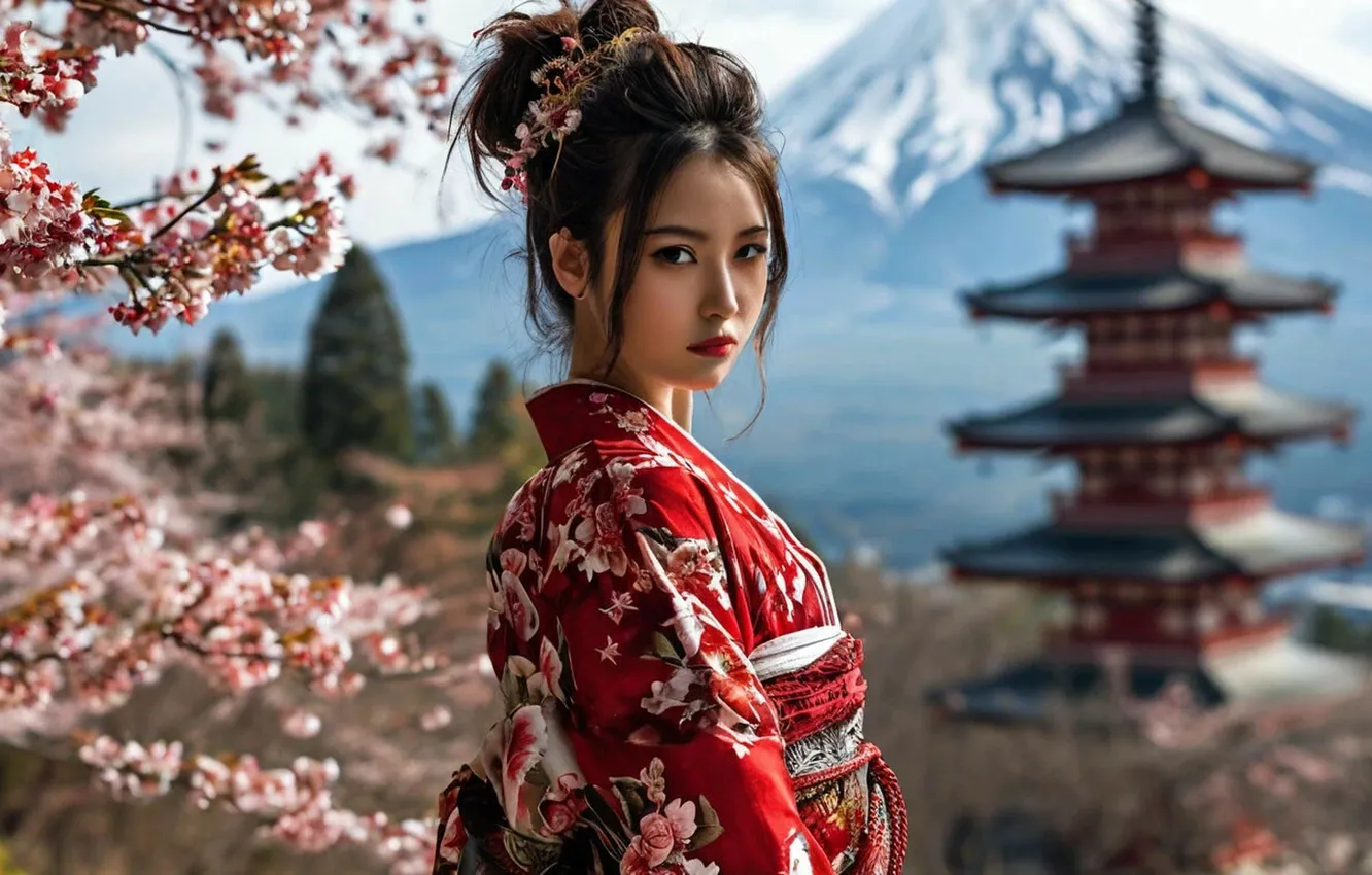 Photo wallpaper mountains, Japanese, temple, kimono, Asian, architecture, cutie, beautiful girl