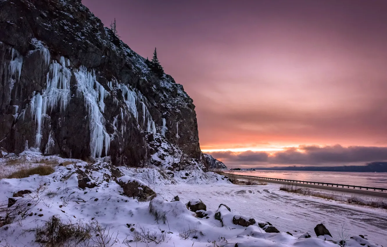 Photo wallpaper road, sunset, river, mountain