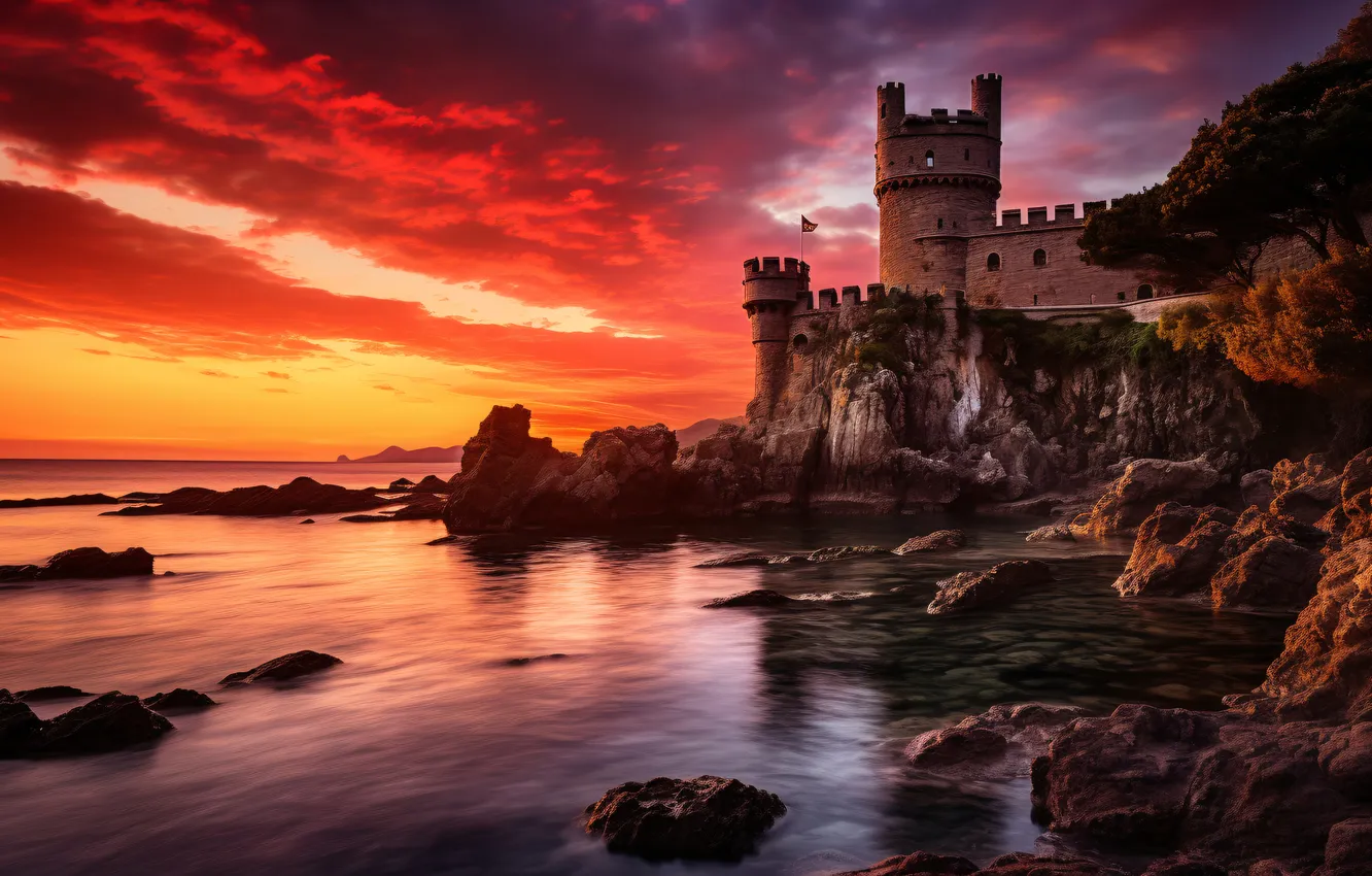 Photo wallpaper sea, the sky, sunset, clouds, castle, rocks, landscape, sunset