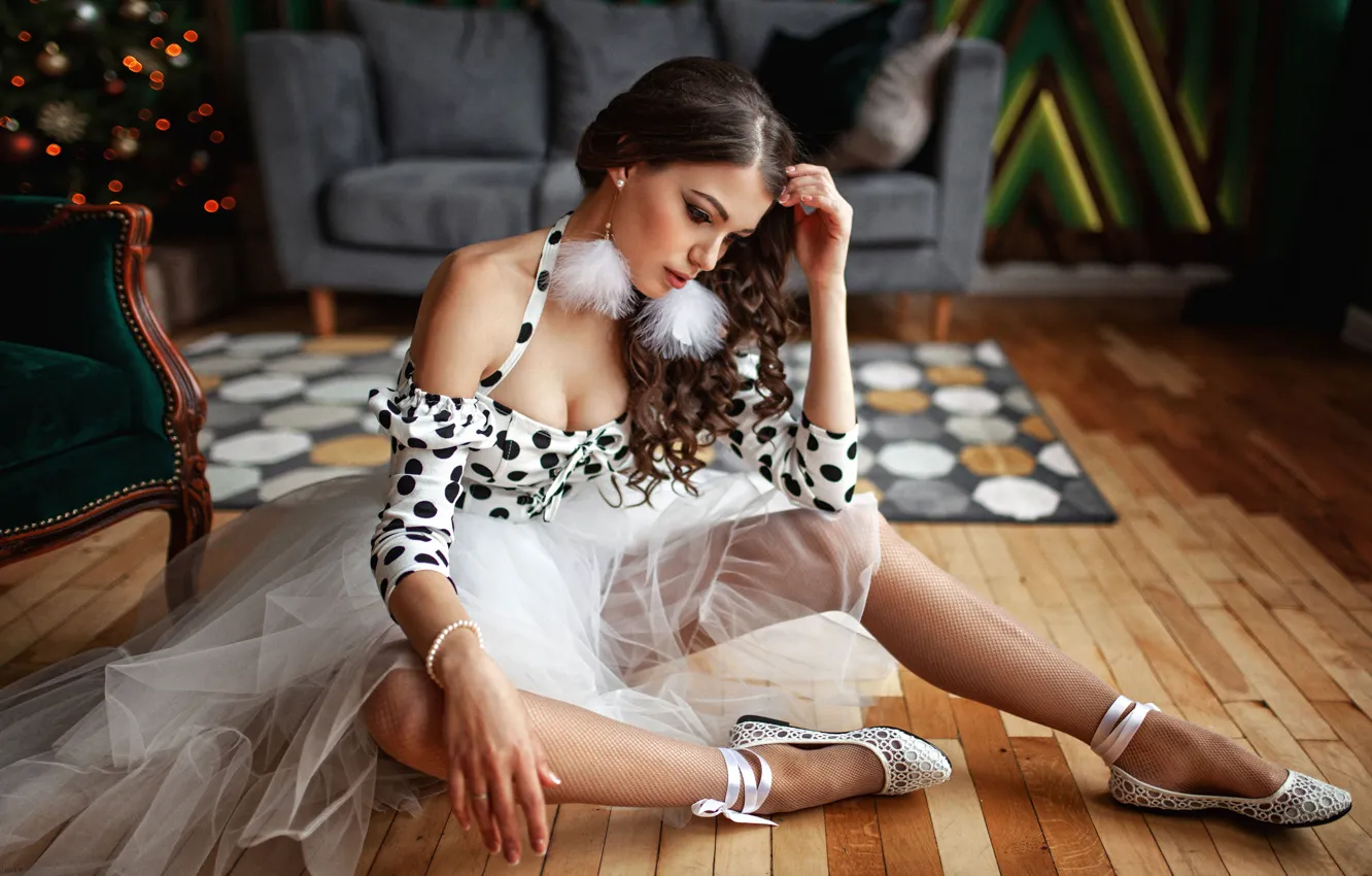 Photo wallpaper girl, pose, mood, skirt, neckline, on the floor, ballet flats, Alexey Yuriev