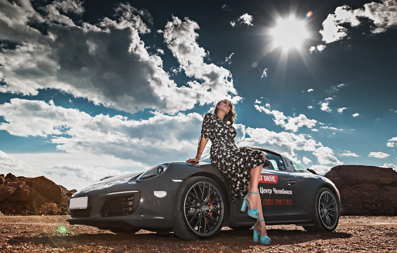 Photo wallpaper the sky, the sun, clouds, landscape, pose, model, makeup, figure