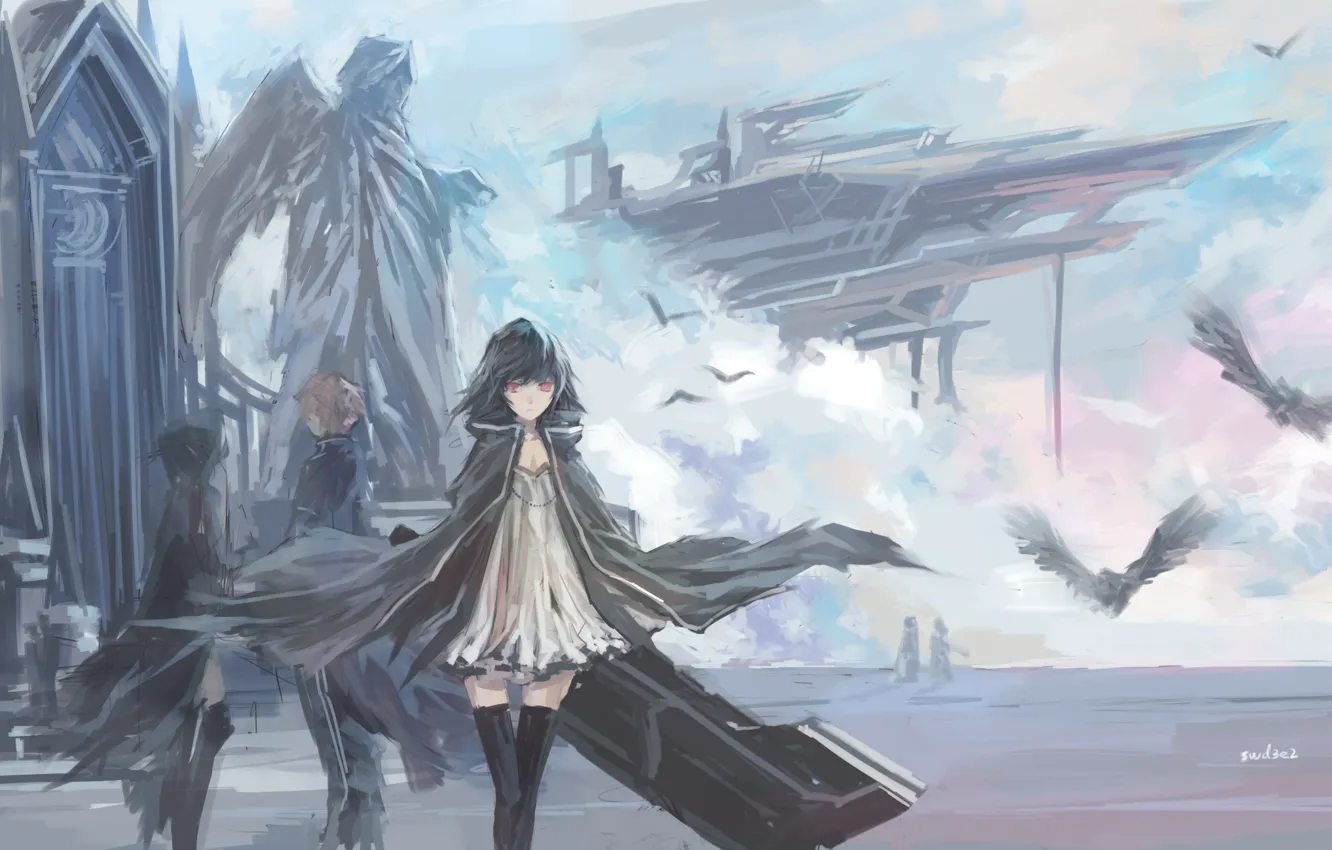 Photo wallpaper the sky, clouds, birds, girls, wings, ships, angel, anime