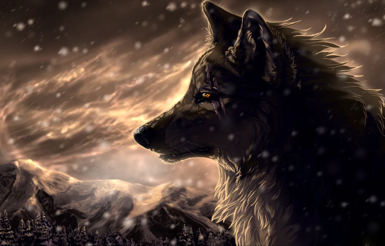 Photo wallpaper forest, snow, mountains, wolf, Blizzard, scar, art, wolfroad