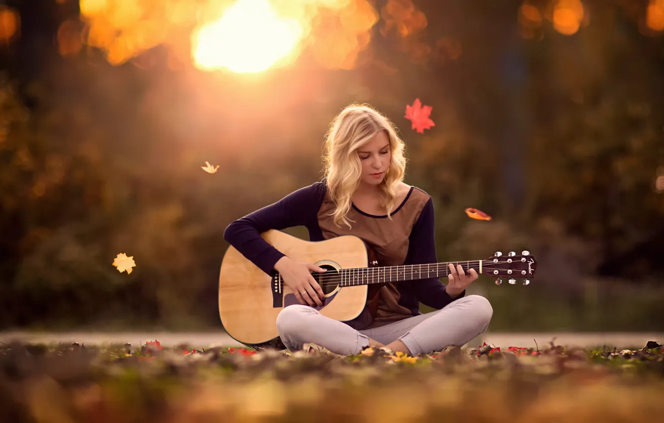 Photo wallpaper autumn, girl, guitar, Autumn Melody