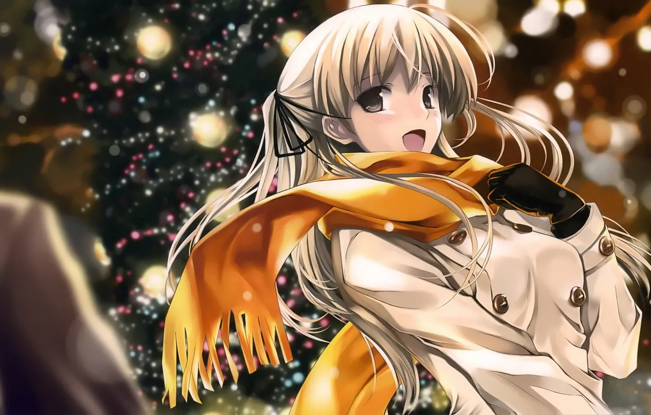 Photo wallpaper girl, snow, anime, scarf, Christmas