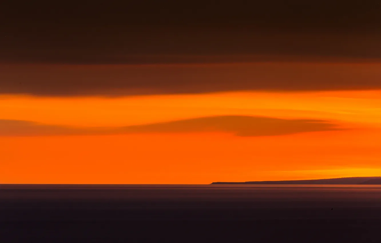 Photo wallpaper sea, clouds, sunset, island, horizon, orange sky