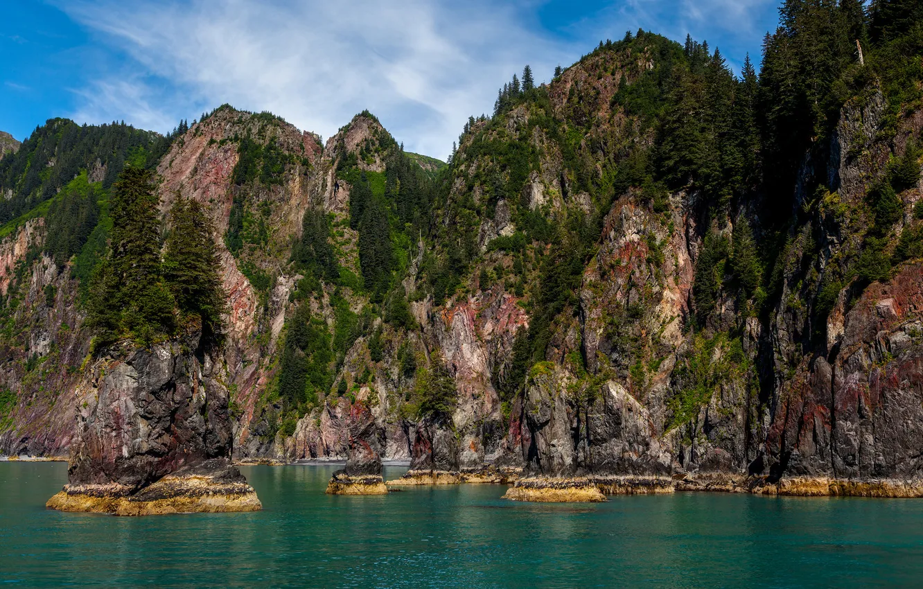 Photo wallpaper the sky, trees, mountains, lake, rocks
