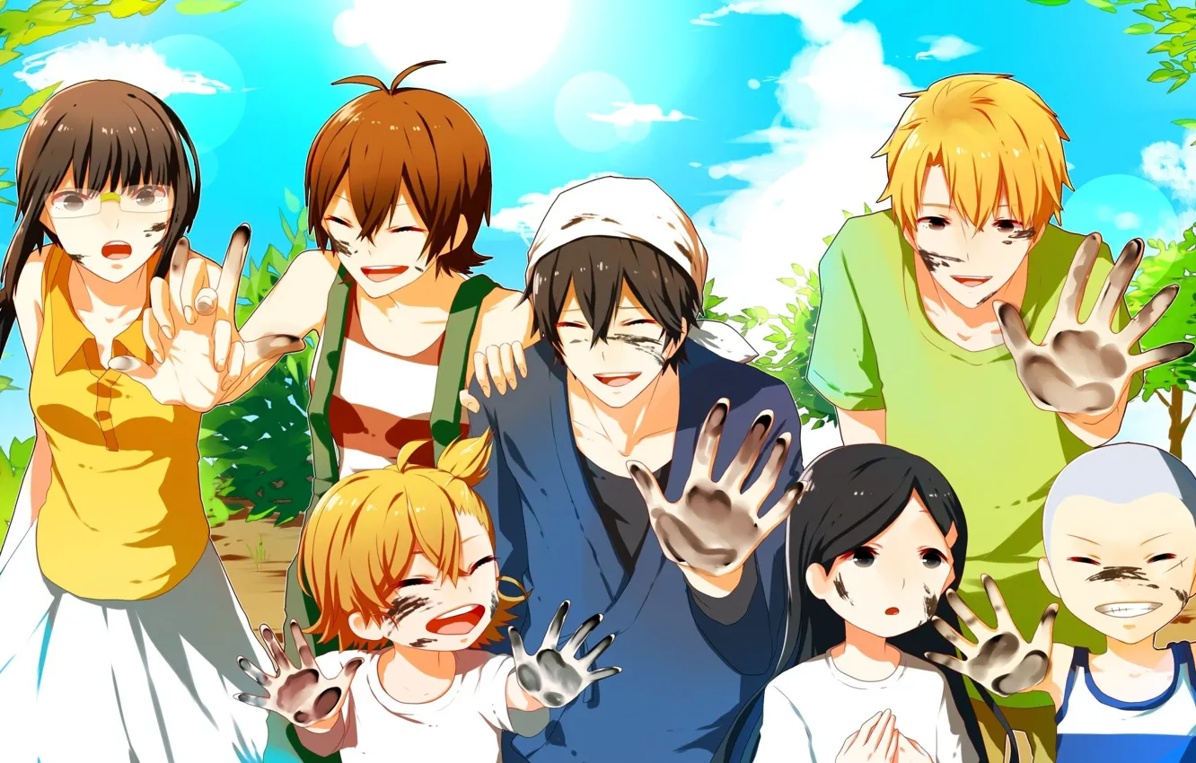 Photo wallpaper the sky, children, foliage, laughter, glasses, palm, ink, shawl