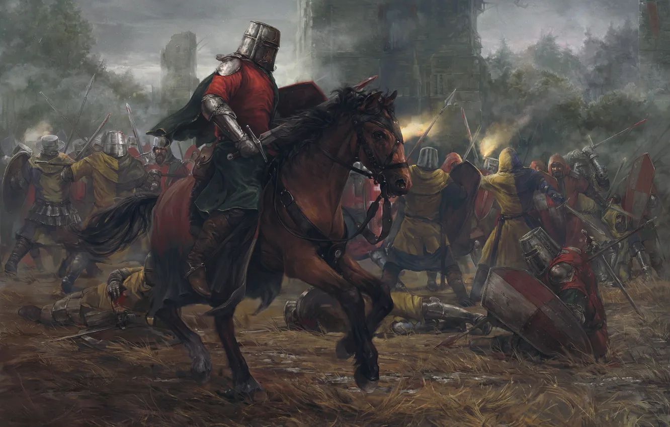 Photo wallpaper forest, castle, horse, tower, battle, battle, knight