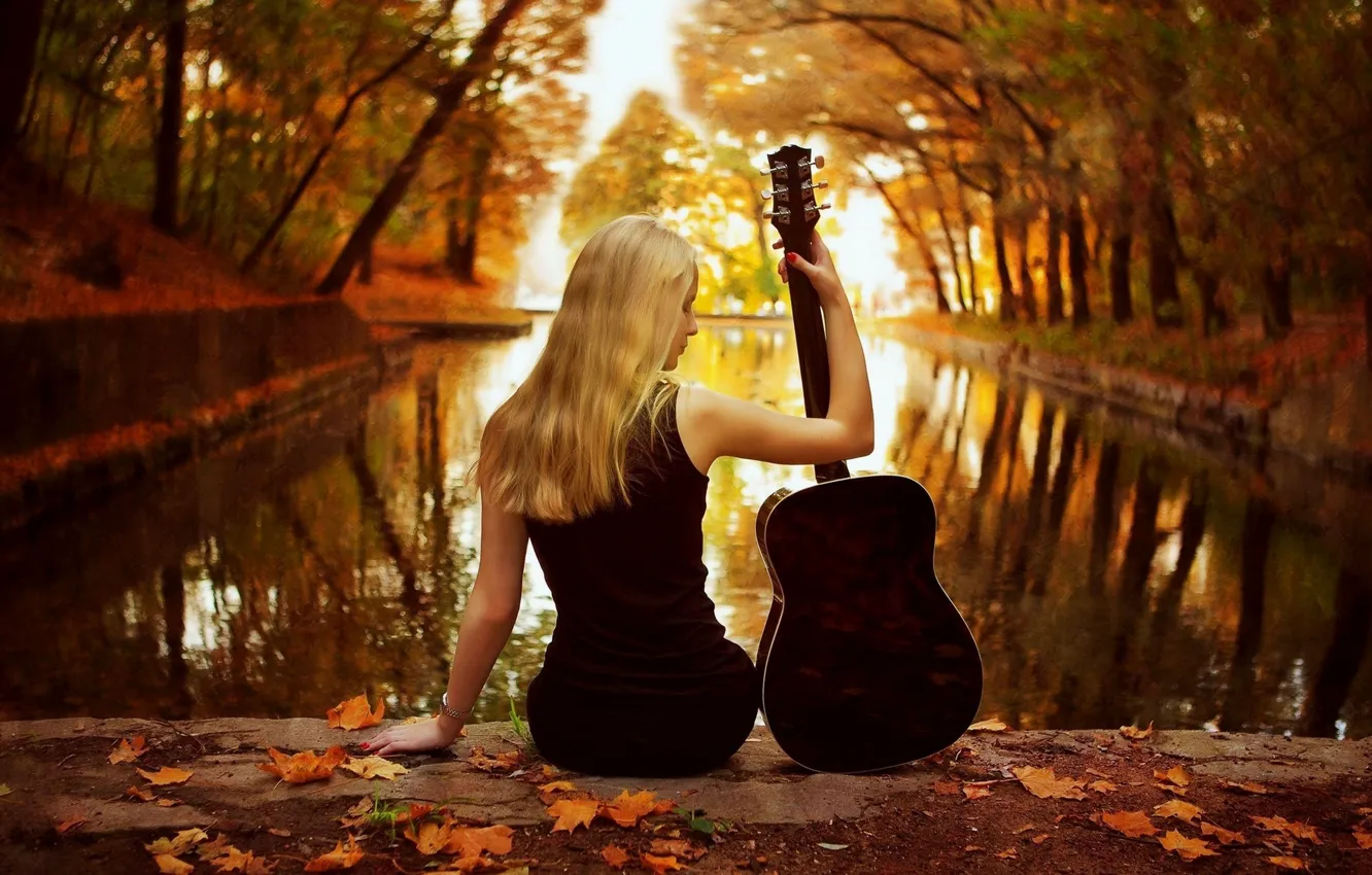 Photo wallpaper autumn, forest, black, guitar, dress, blonde, pond, DECA