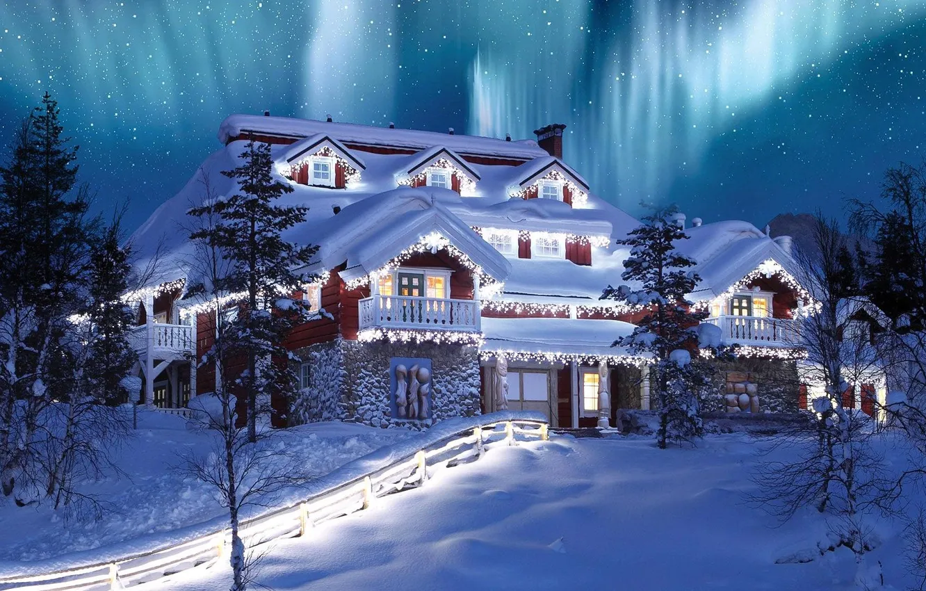 Photo wallpaper Christmas, Finland, northern lights, Saariselkä