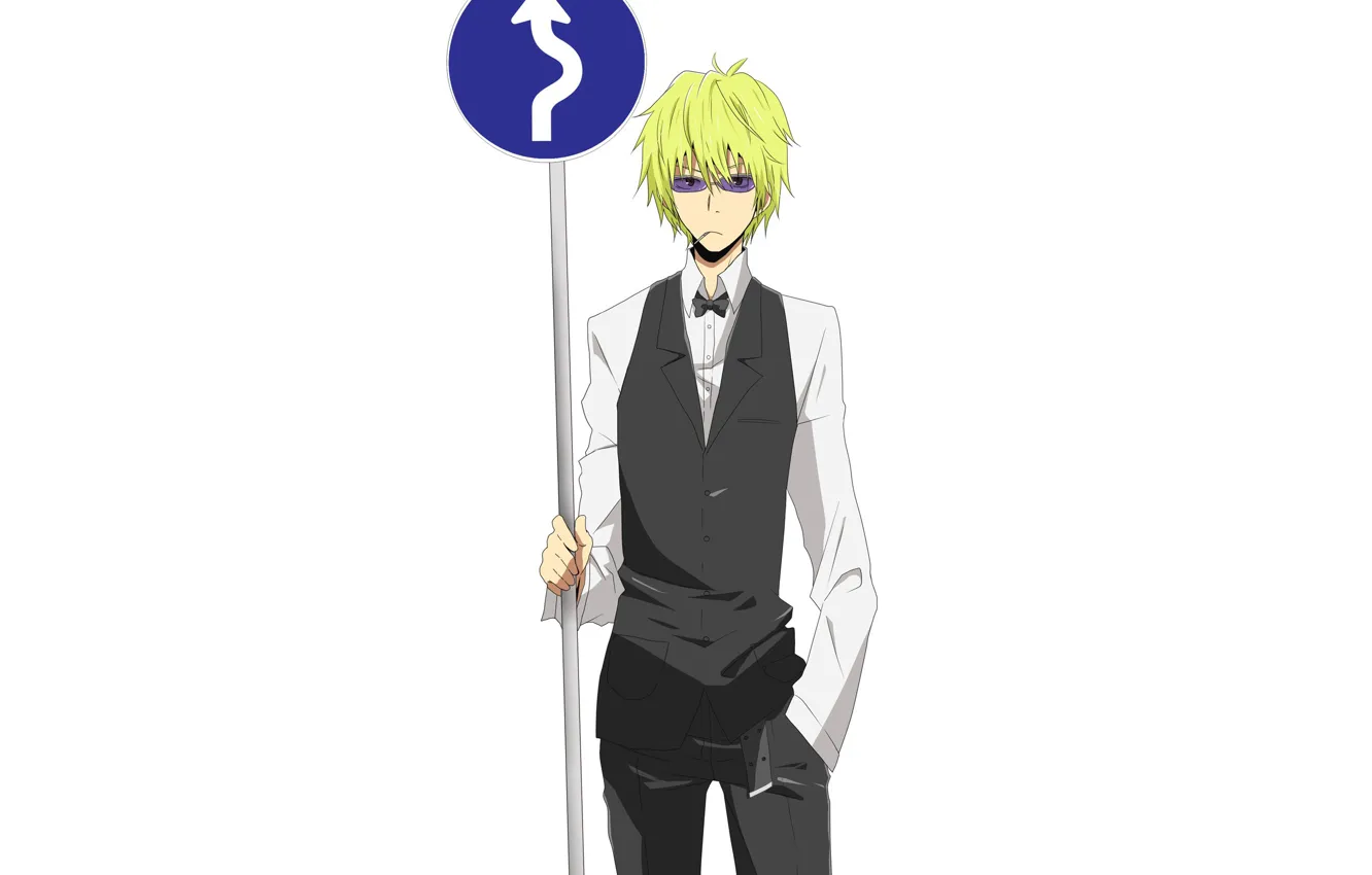 Photo wallpaper white background, guy, road sign, Durarara, Heiwajima Shizuo, Durarara, Shizuo Heiwajima