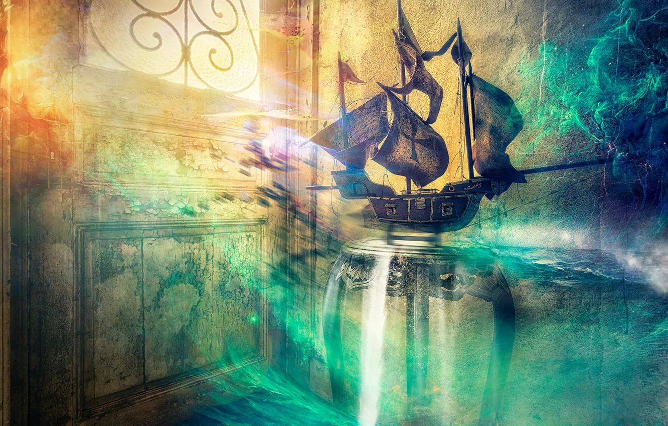 Photo wallpaper sea, ship, the door