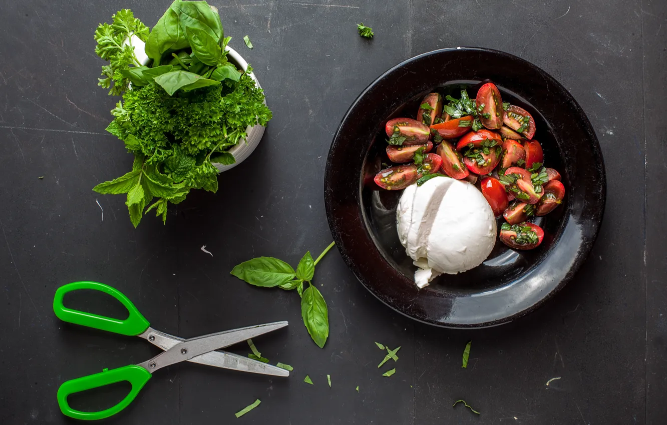 Photo wallpaper food, tomatoes, mint, parsley, scissors, salad, arugula, mozzarella cheese