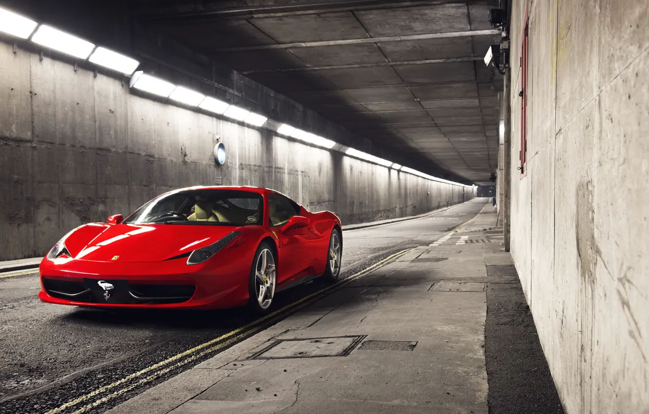 Photo wallpaper red, before, Ferrari, red, sports car, Ferrari, 458, tunnel