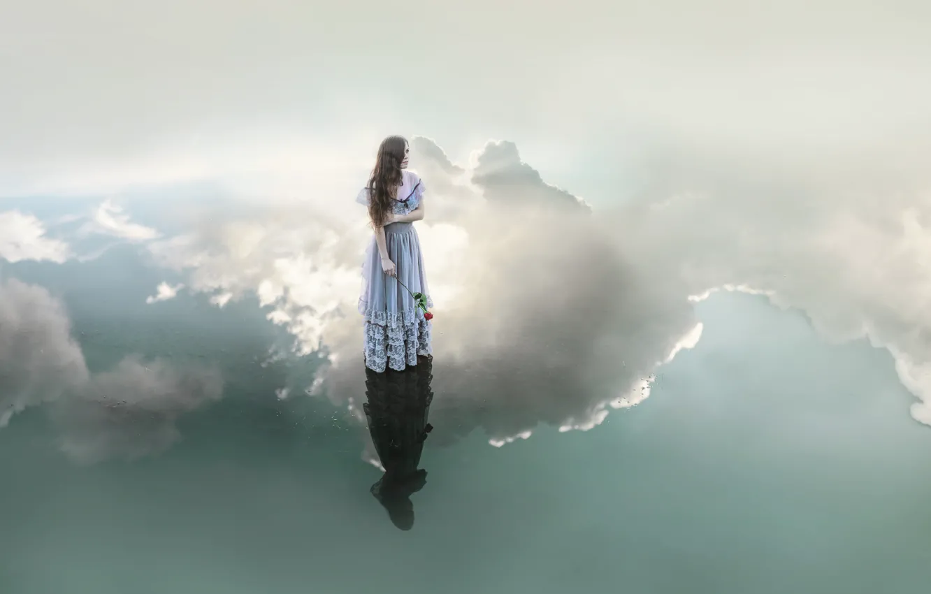 Photo wallpaper girl, clouds, style, reflection, rose, dress, fantasy, image