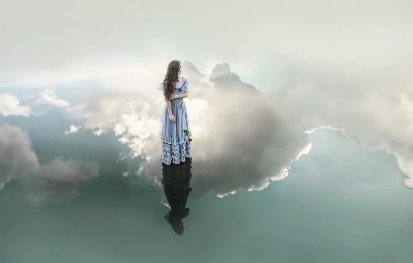 Photo wallpaper girl, clouds, style, reflection, roses, dress, fantasy, image