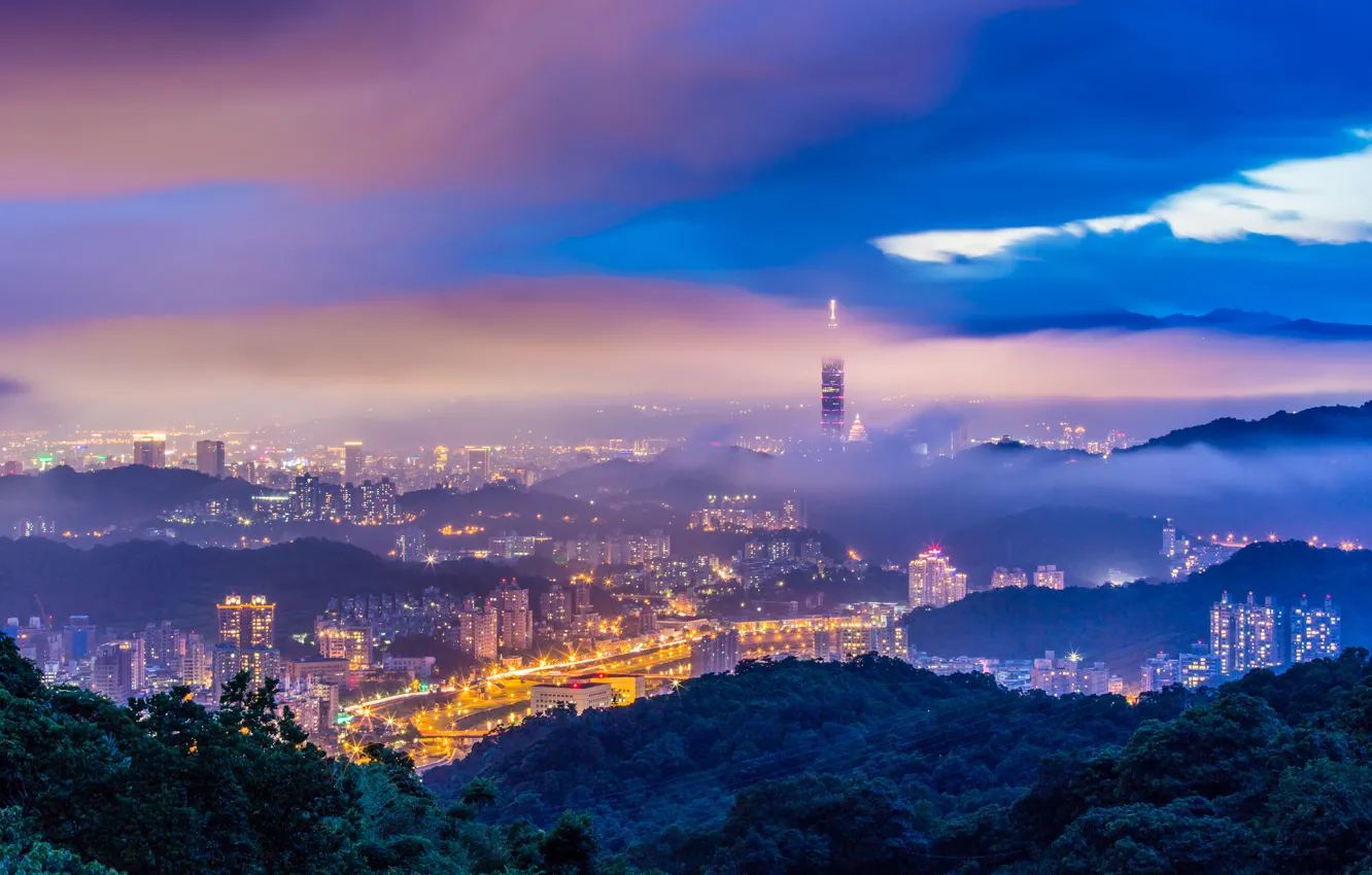 Photo wallpaper the storm, the sky, trees, mountains, blue, clouds, the city, lights