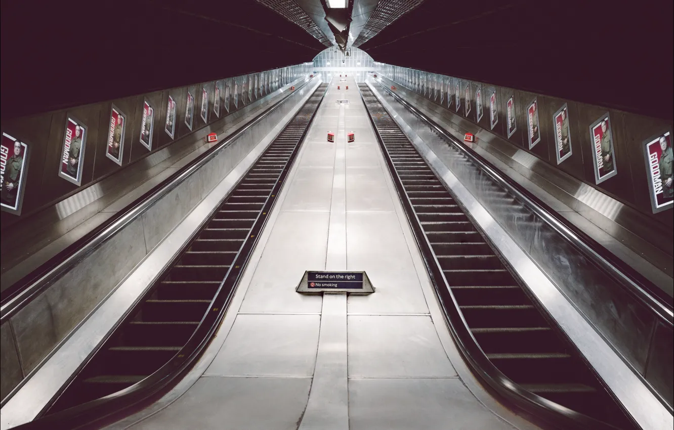 Photo wallpaper escalator, underground, railway, London, England, metro, staircase, United Kingdom