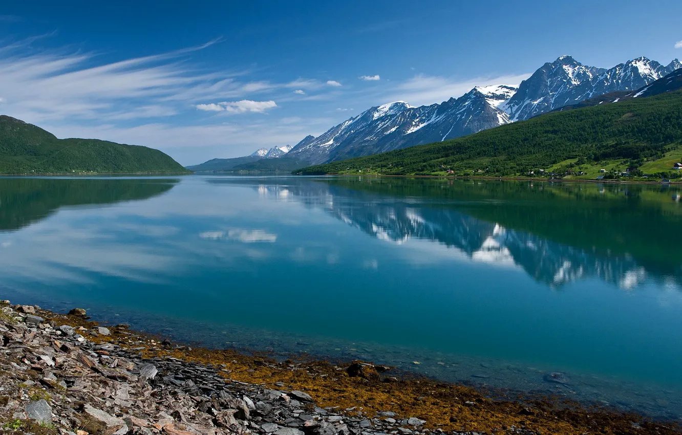 Photo wallpaper the sky, snow, mountains, lake, reflection, stones