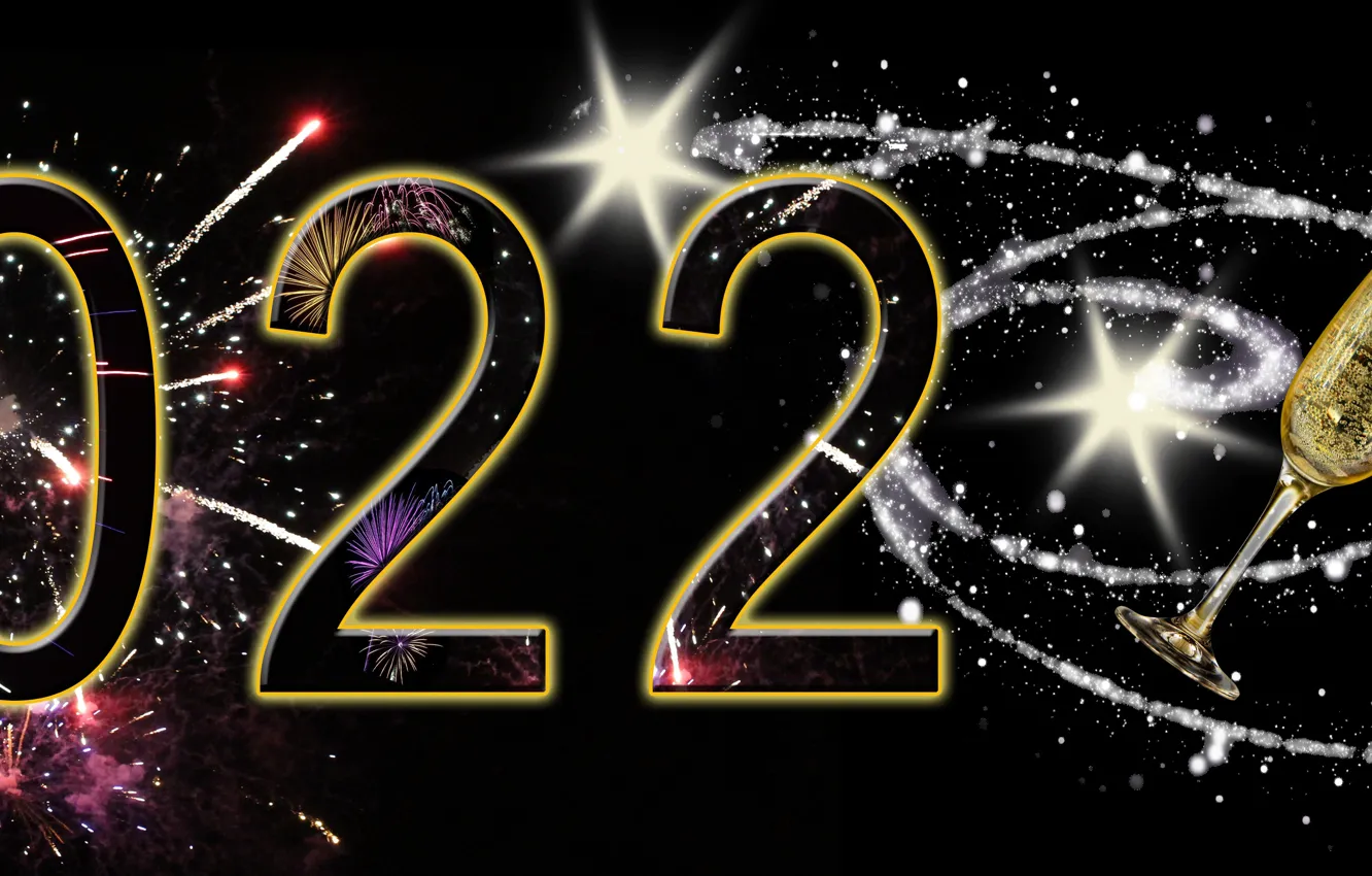 Photo wallpaper Salute, New year, Black background, Fireworks, Bakaly, Champagne, 2022