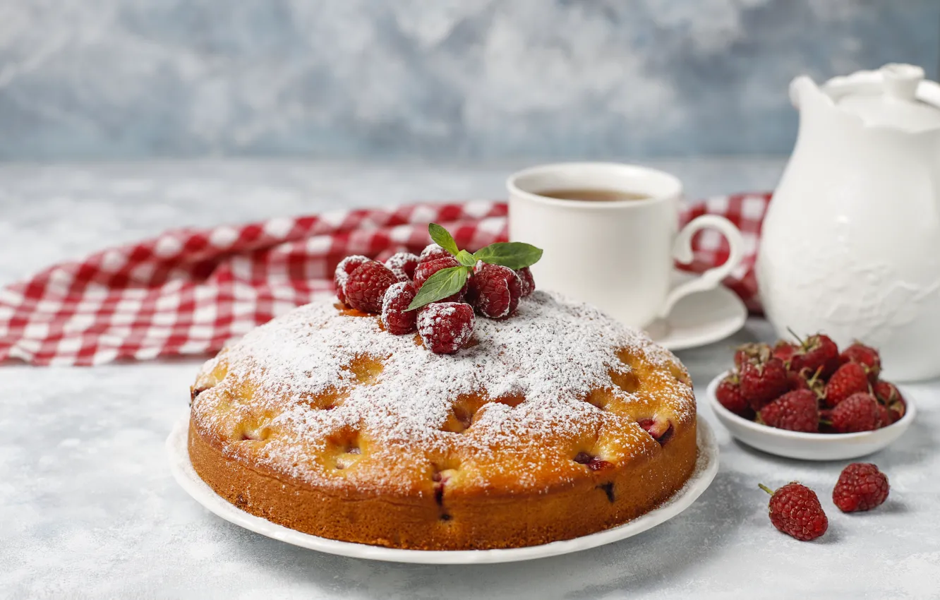 Photo wallpaper berries, raspberry, table, tea, towel, kettle, plate, pie