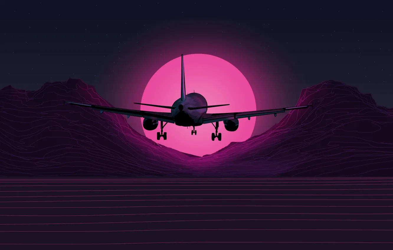 Photo wallpaper The sun, Music, The plane, Background, Neon, 80's, Synth, Retrowave